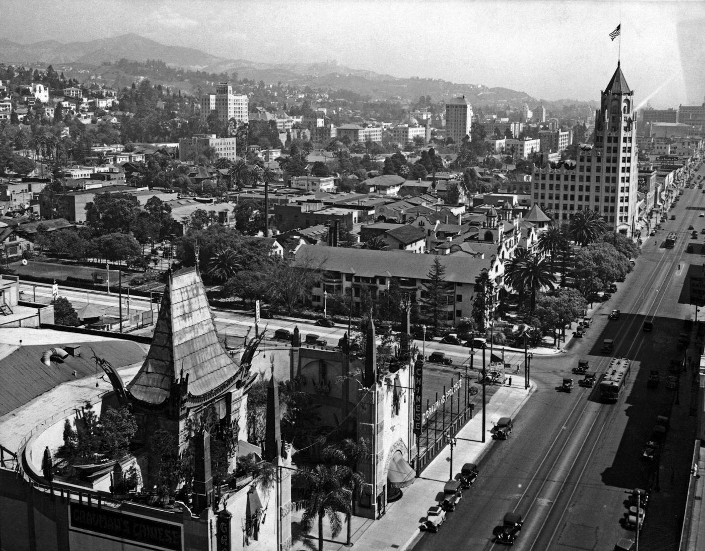 A view over Hollywood Boulevard and Grauman's Chinese Theatre (bottom, left), Hollywood, California.