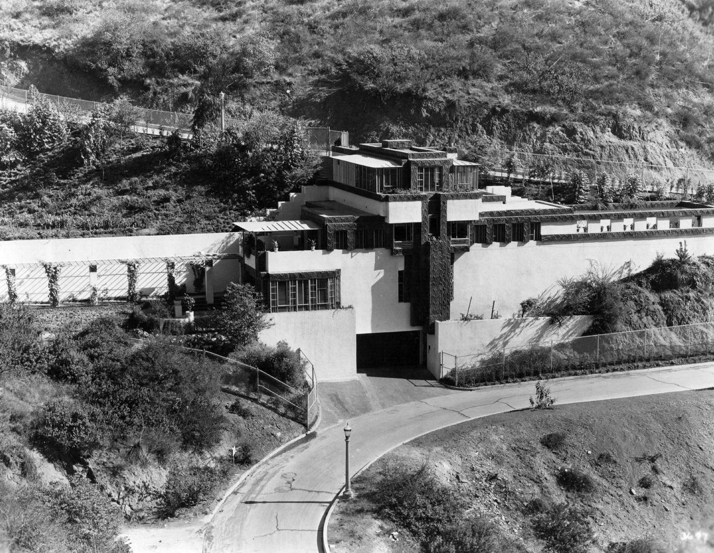 An exterior view of the home of Ramon Novarro, the Metro Goldwyn Mayer star, designed by Ramon Novarro himself, situated in the hills overlooking Los Angeles, 1930.
