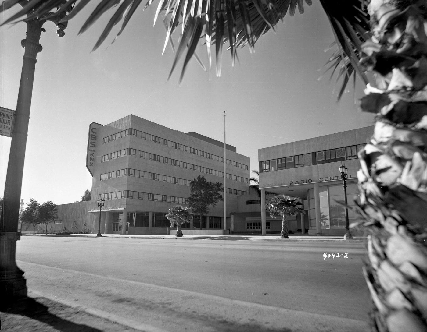 Exterior view of the CBS Columbia Square KNX Art Deco style building on Sunset Boulevard, Hollywood, California, 1938.