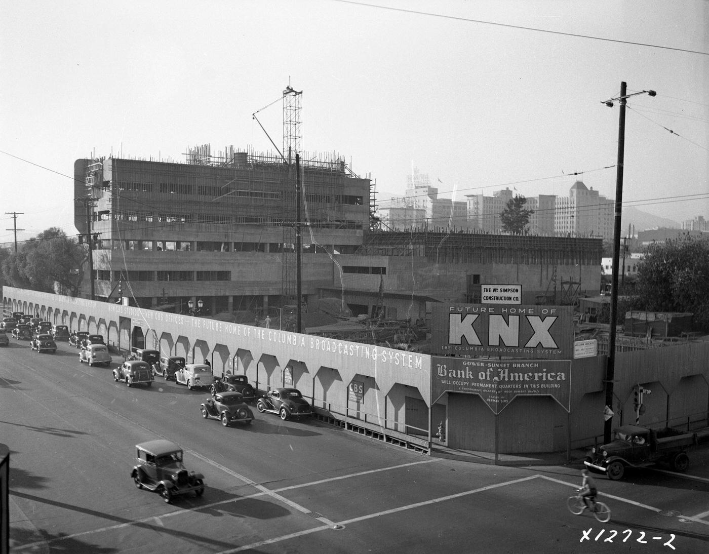 View of unfinished CBS Columbia Square KNX Art Deco style building, looking northwest from Gower Street, Los Angeles, 1938.