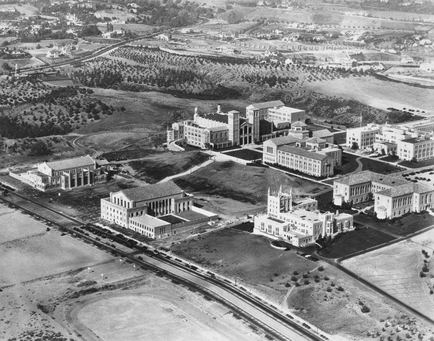 Aerial view of the Westwood campus of the University of California, with the Royce Hall building (top, centre), Kerckhoff Hall (bottom, right) in the Westwood neighbourhood of Los Angeles, 1934.