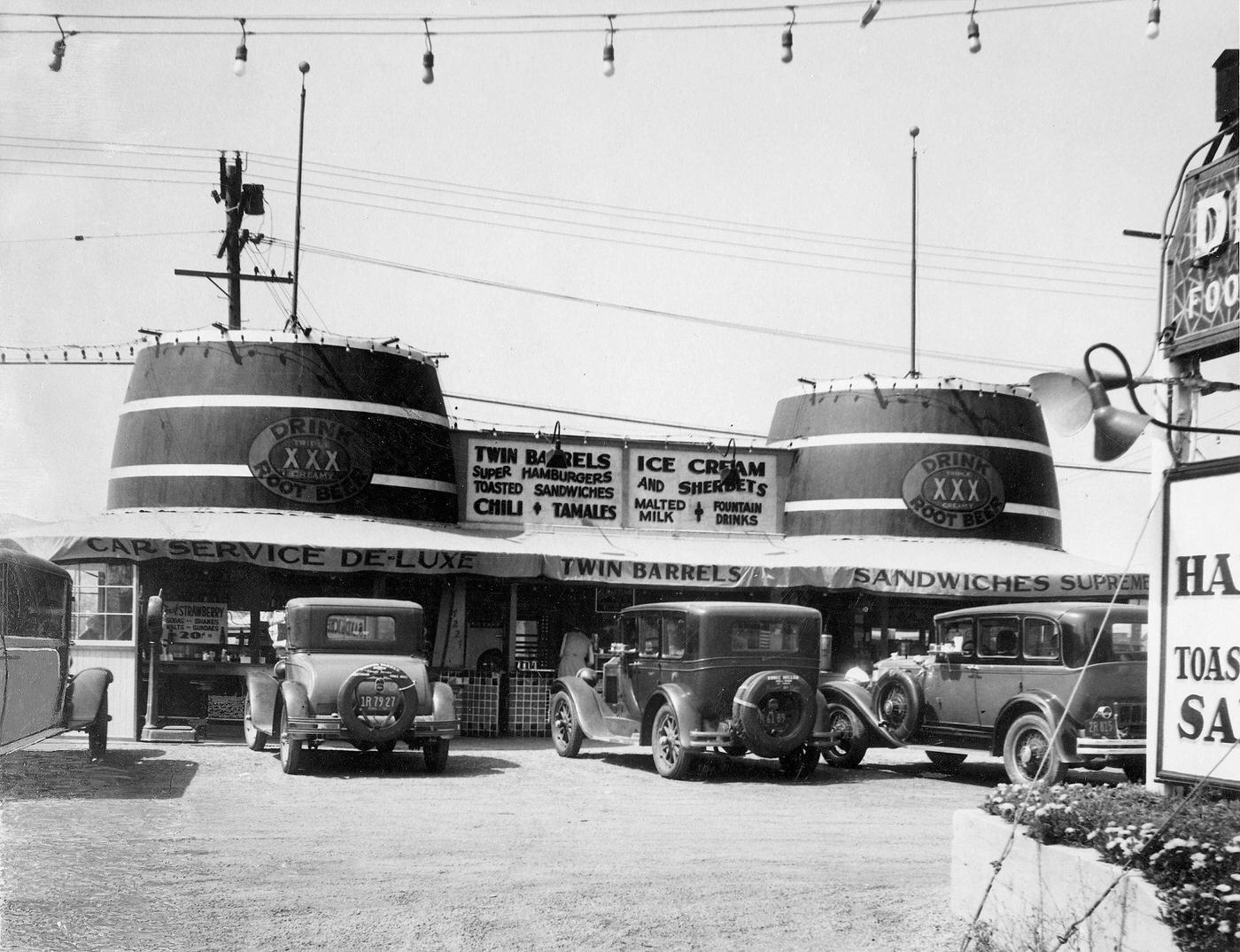 The Twin Barrels drive-in restaurant near Los Angeles, 1939.