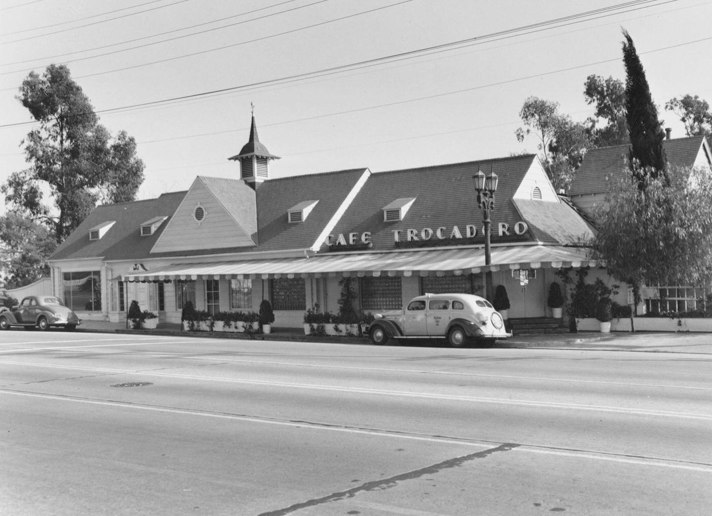 The exterior of the 'Cafe Trocadero', a nightclub on Sunset Strip, a stretch of Sunset Boulevard, in West Hollywood, 1937.