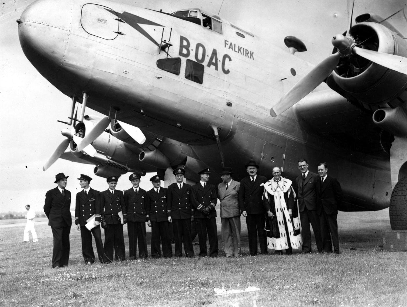 The first of the Handley Page 'Halton' aircraft, the civil transport version of the Halifax bomber, with its interior changed for passenger accommodation, is christened the BOAC 'Falkirk' in 1946.