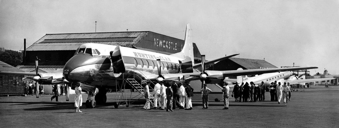 This Vickers Viscount airliner was a surprise visitor to Woolsington (Newcastle Airport), having arrived from London with passengers due to a rail strike in 1955.