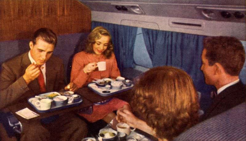 United Airlines DC6 Airplane Meal Service Club Car Section, 1950s