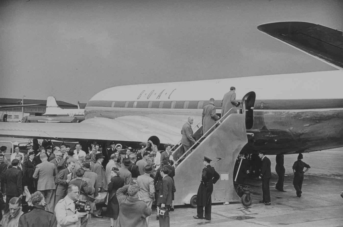 The first British Comet jet passenger service from London Airport to Johannesburg is shown in this photo from 1952.
