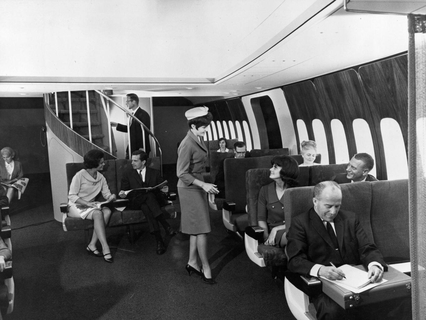 A demonstration of the new Boeing 747 passenger plane under development, which will carry up to 490 passengers in luxurious seats and include a stairway between decks, on May 13, 1968.