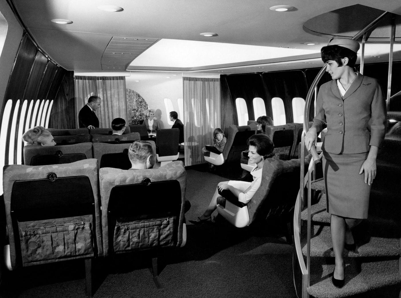 First-class passengers on a jumbo jet. 1960.