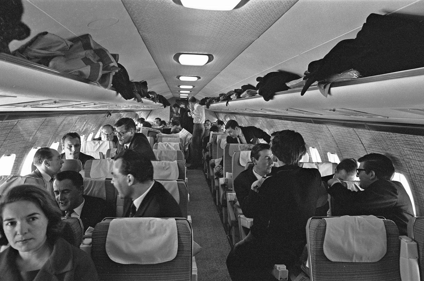 Passengers boarding the first of the British United Airlines proving flights for their new BAC 1-11 aircraft. January 27, 19-- (year missing).