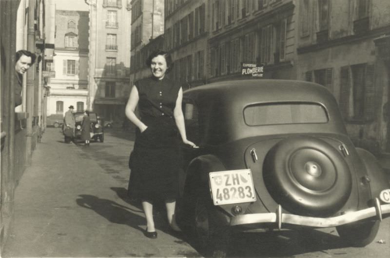 Young lady with Citroën 11 CV in French-speaking town, Zurich registration, 1950