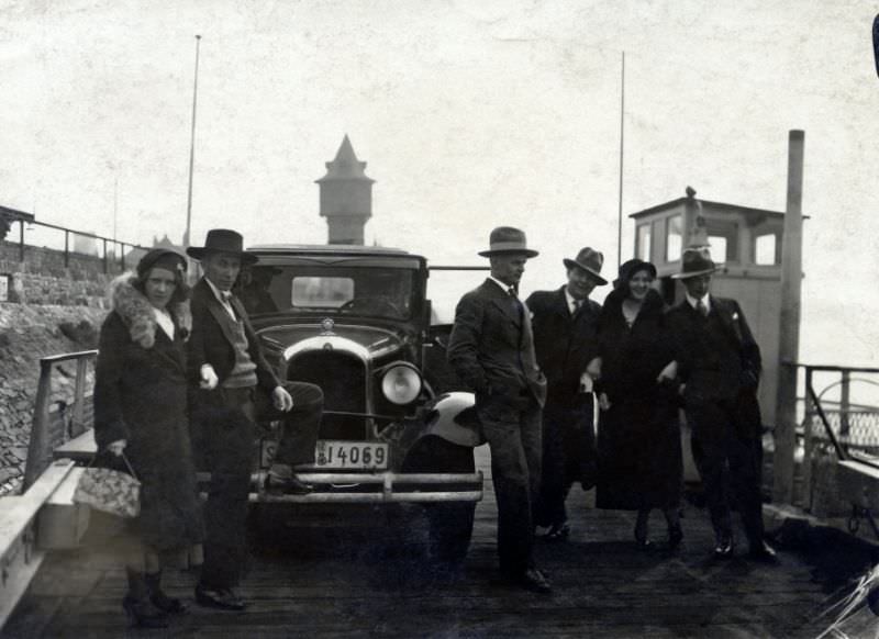 Six people on a Citroën ferry, 1930