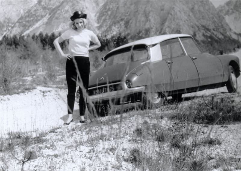 Young lady with Citroën DS in countryside, Paris registration, 1965