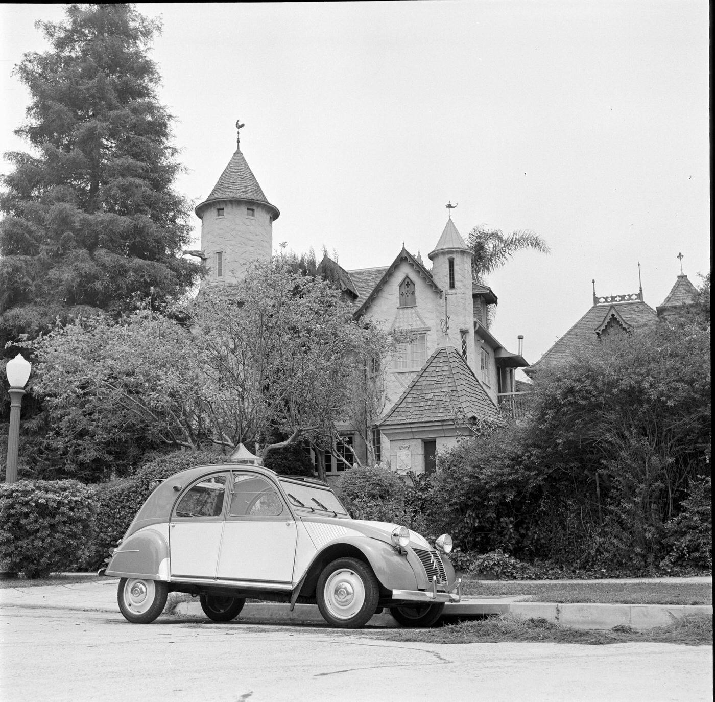 Two-tone 1955 Citroen 2CV Parked Outside Rustic LA Home, 1955.