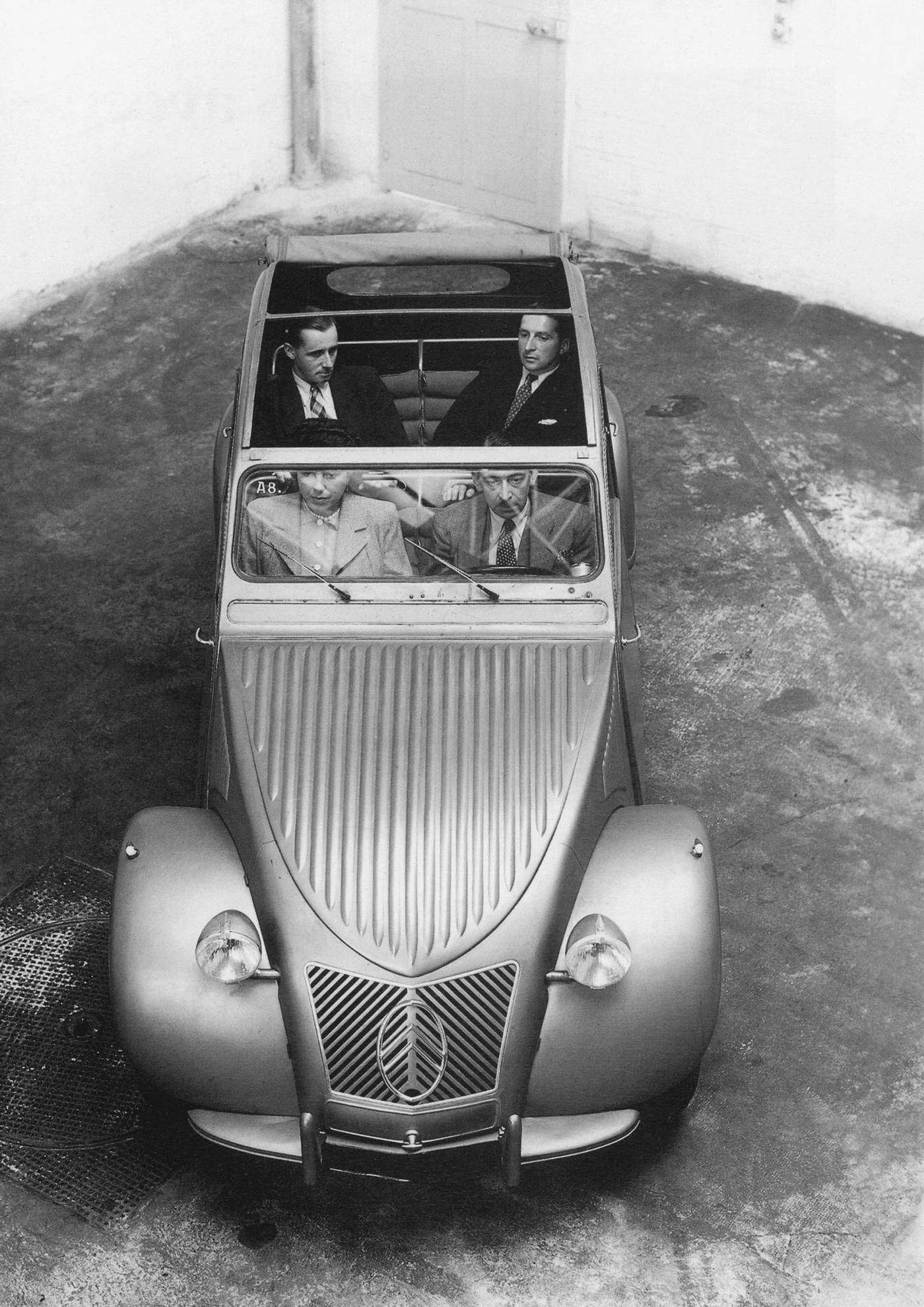 The 2CV Citroen Car Tested by Leader of Research Department, his Secretary and 2 Engineers, 1948.