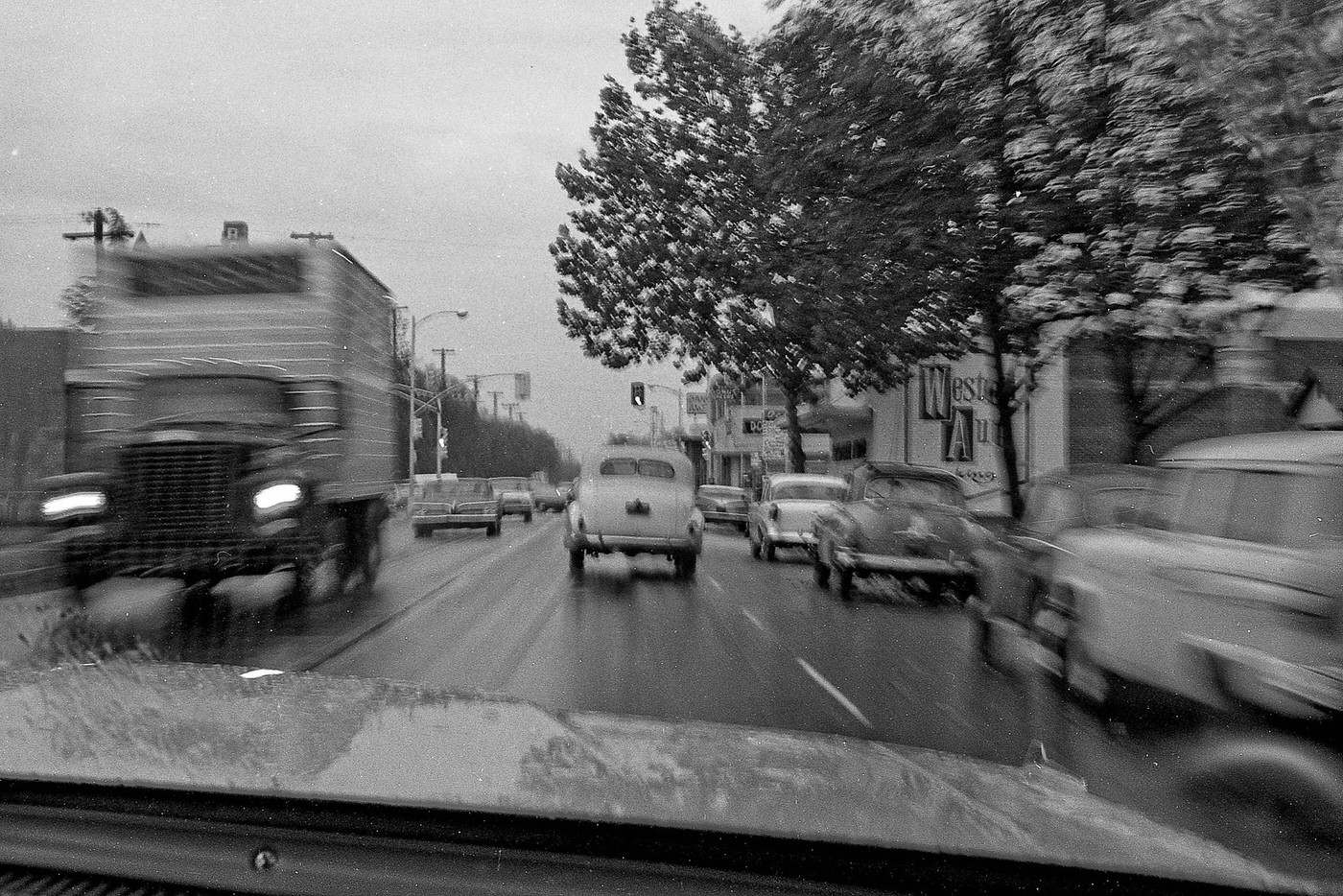 A college friend while approaching the Barton intersection west bound on Tulare near Roosevelt High School in Fresno, California, in 1966..