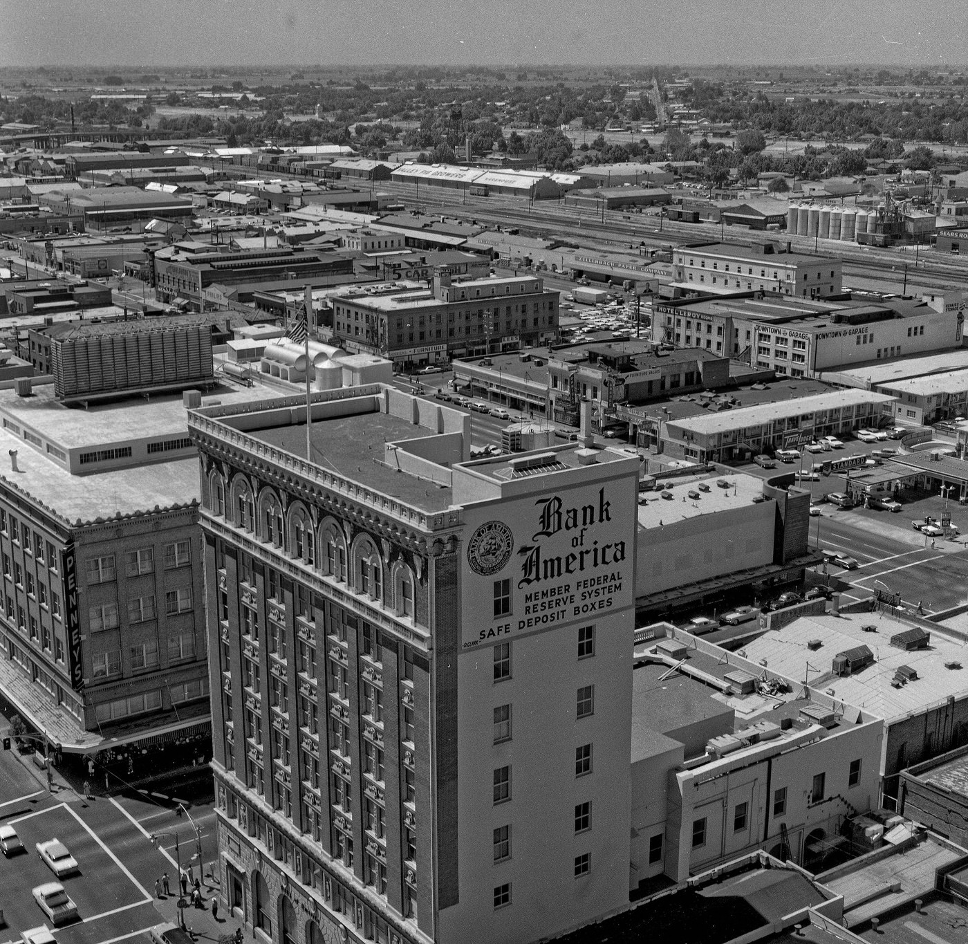 View south from the top of the Security Bank Building, downtown Fresno, California.
