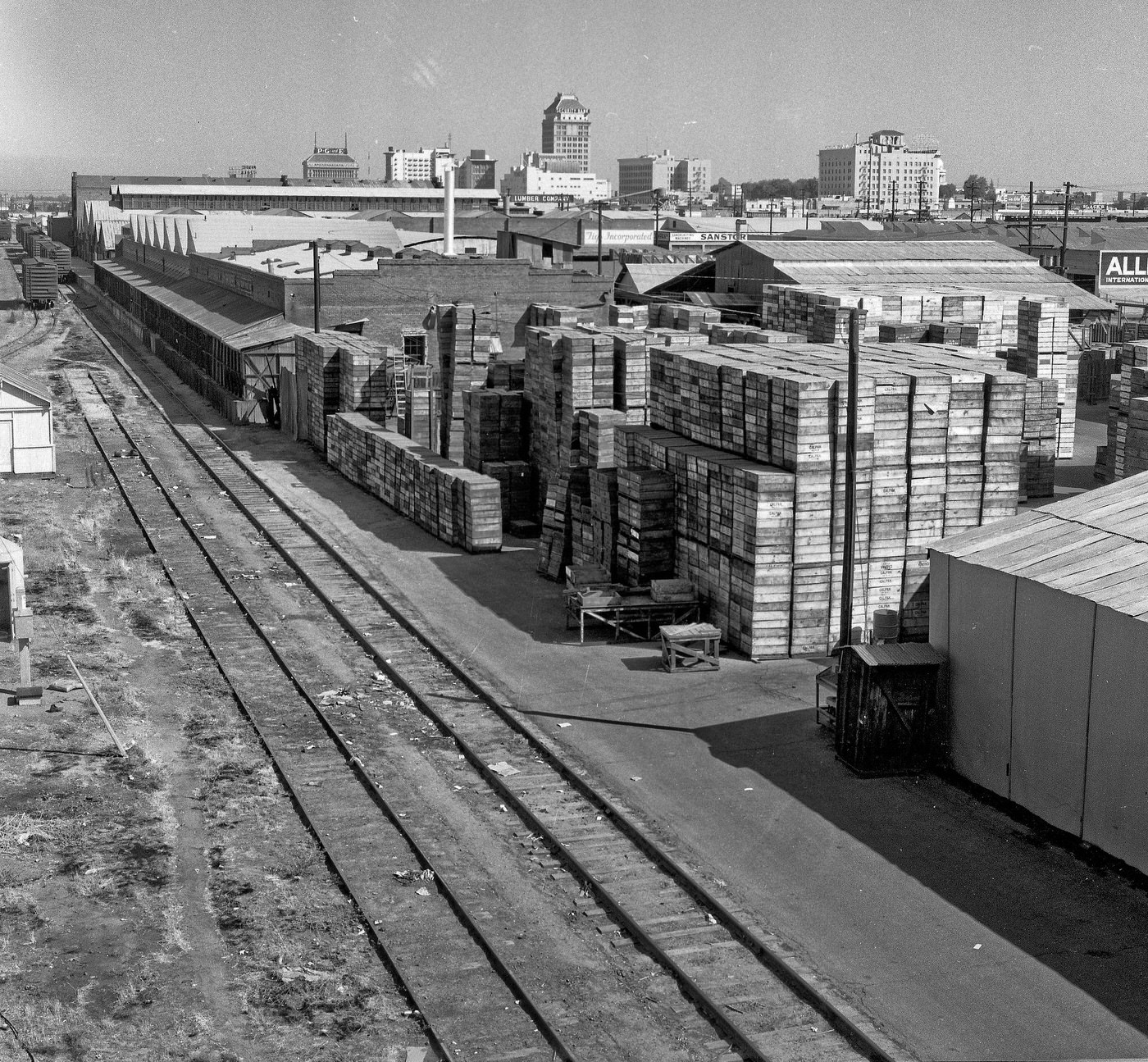 View north north west from the overpass over the Southern Pacific tracks SE of downtown Fresno, California.