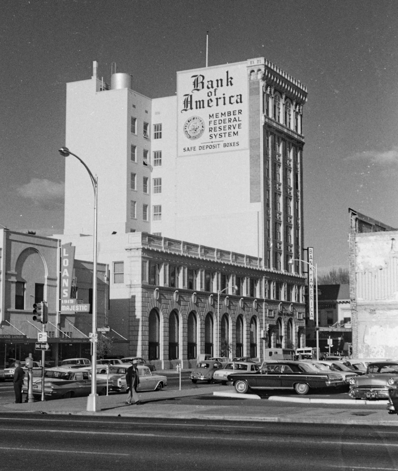 Looking north from the corner of Broadway and Tulare Streets in old downtown Fresno, California.