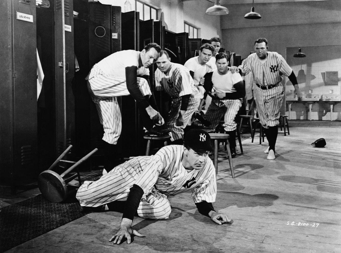 Gary Cooper portrays Lou Gehrig collapsing in the locker room in the 1942 movie Pride of the Yankees.