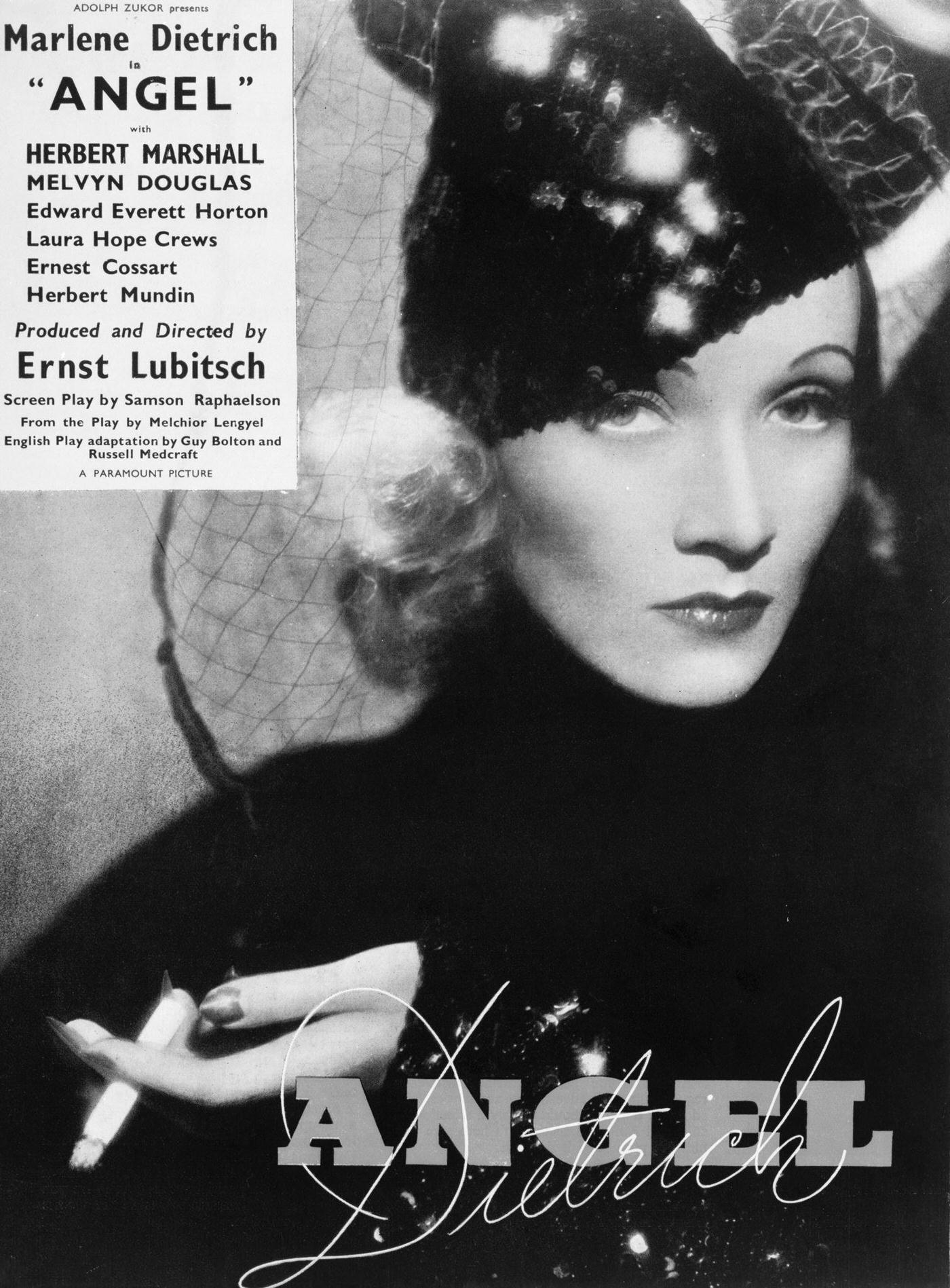 Marlene Dietrich poses in an advertisement for the romantic drama 'Angel' in 1937.