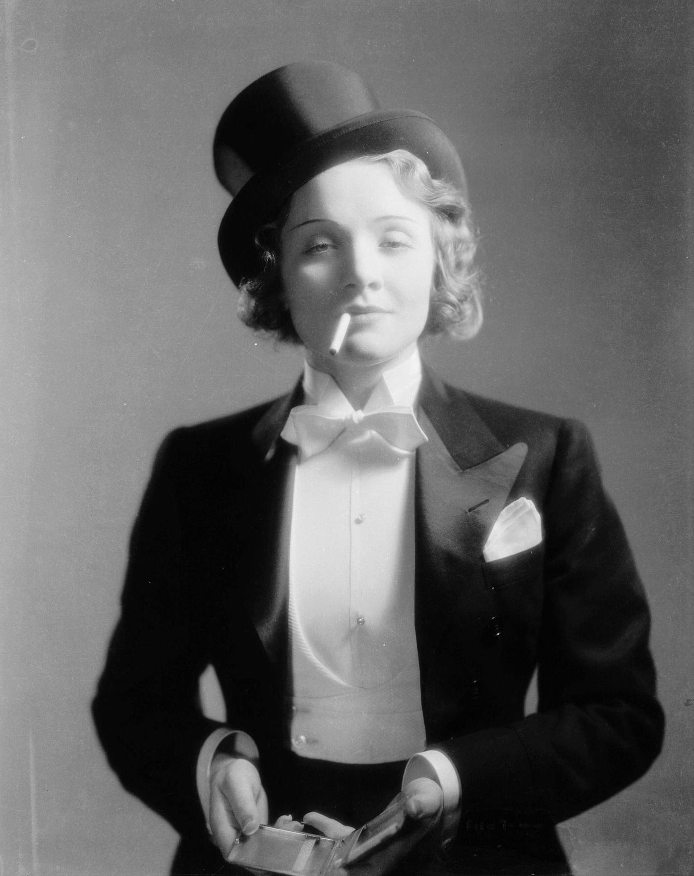 Marlene Dietrich makes her Hollywood film debut as Amy Jolly, dressed in a tuxedo in 'Morocco,' directed by Josef von Sternberg.