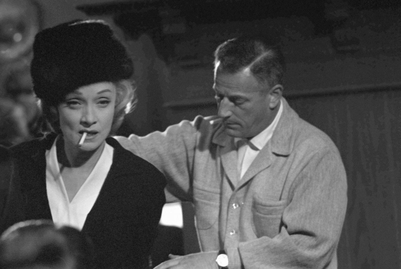 Marlene Dietrich is seen smoking during the making of the 1961 movie 'Judgment at Nuremberg.'