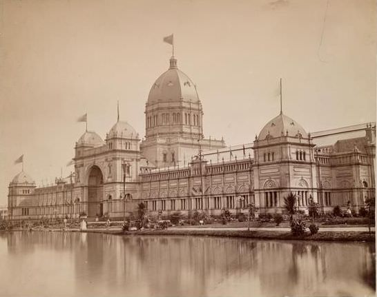 The Melbourne Exhibition Building had an impressive lake, 1880