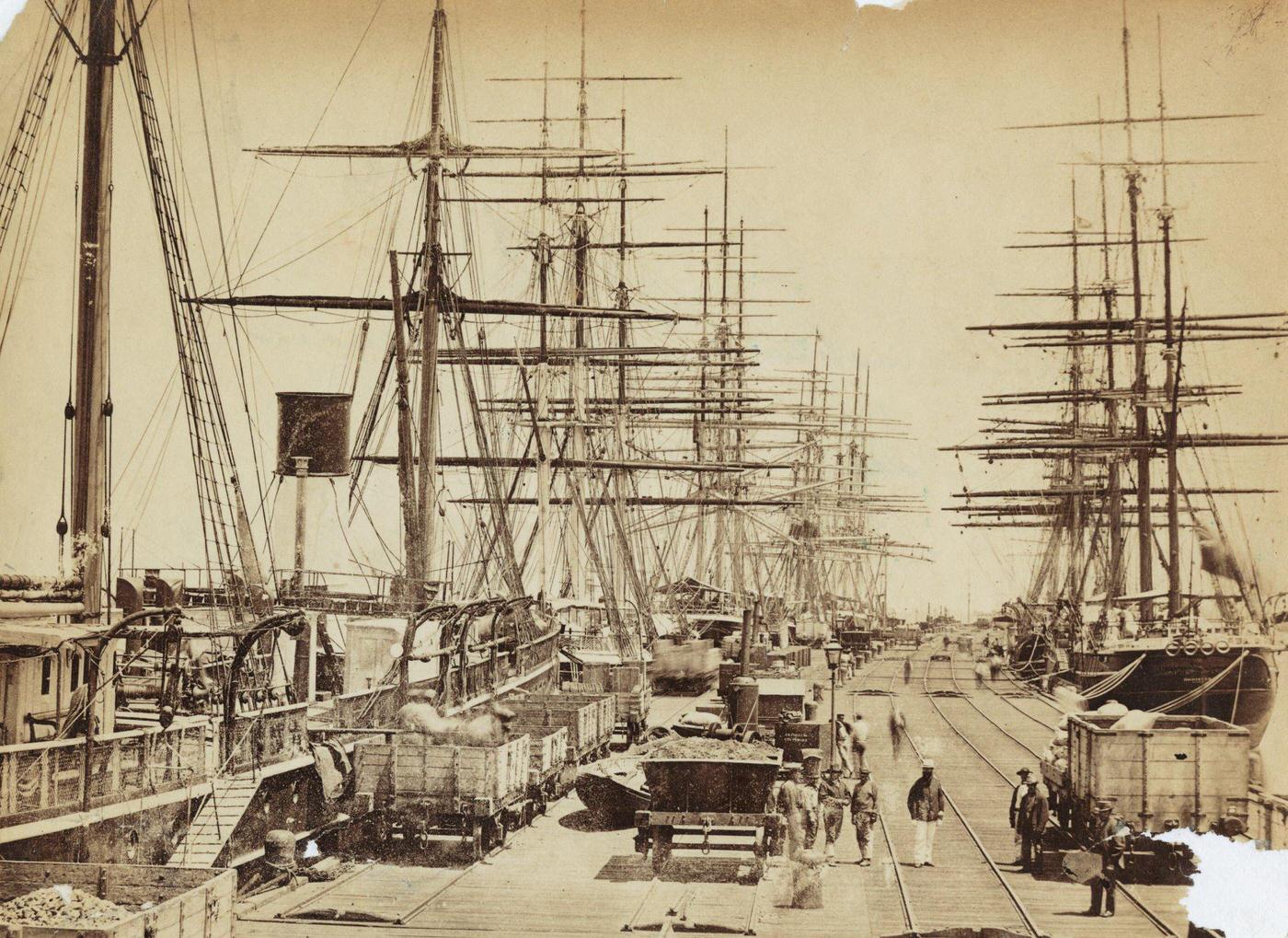 Dock workers on the Williamstown Pier, Williamstown, Melbourne, 1883