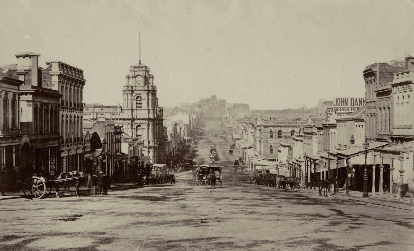 Bourke Street looking east with the Melbourne General Post Office on the left, Melbourne, 1880