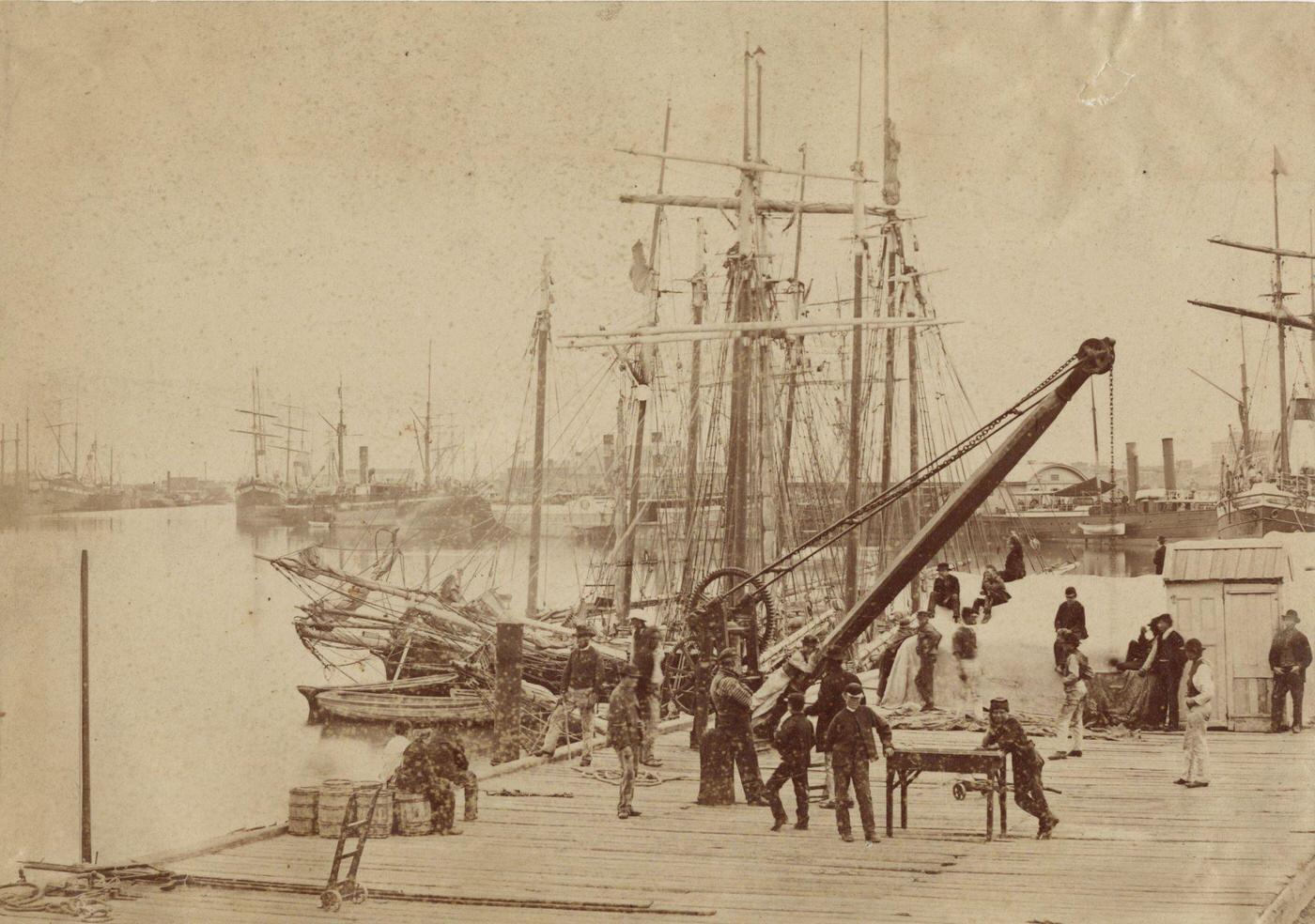 Dock workers on Queen's Wharf, Melbourne, 1880