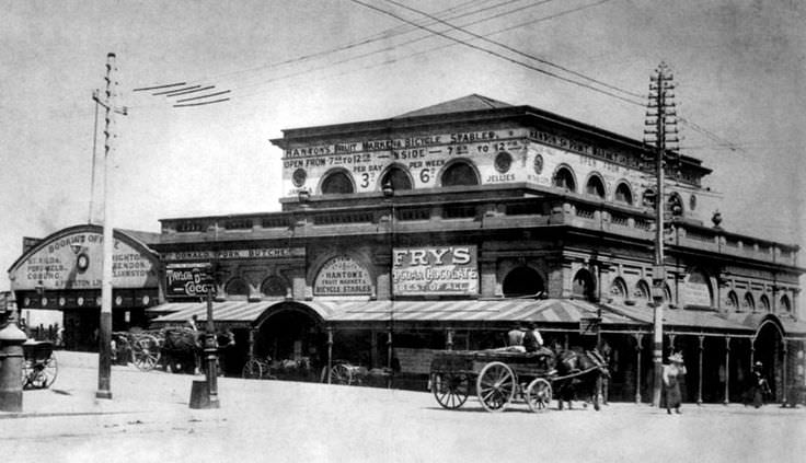 Flinders Street Station on the south-west corner of Flinders and Swanston Streets stood the Old Fish Market, 1880s