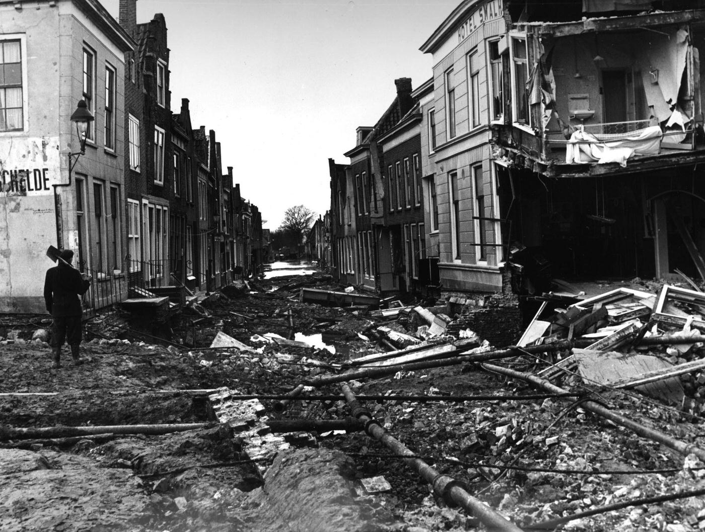 A town destroyed by a flood in the Netherlands, February 1953.