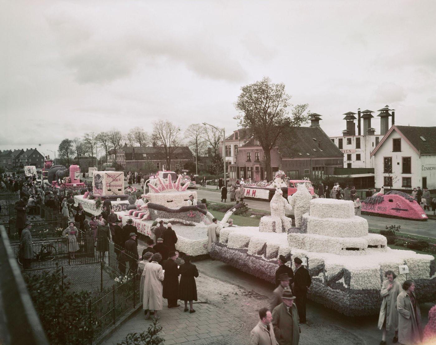 Annual Bloemencorso Bollenstreek flower procession through the streets of Hillegom, Lisse, and Sassenheim in the province of South Holland, Netherlands, in April 1951.