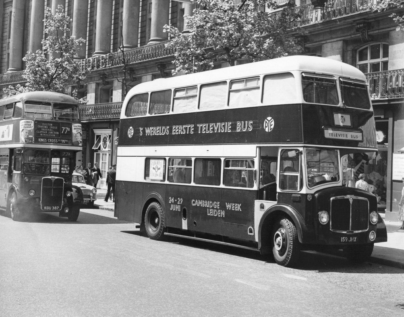 TV Bus travels through Aldwych, London, on its way to Leiden, Netherlands for the Cambridge Week festivities,1957.
