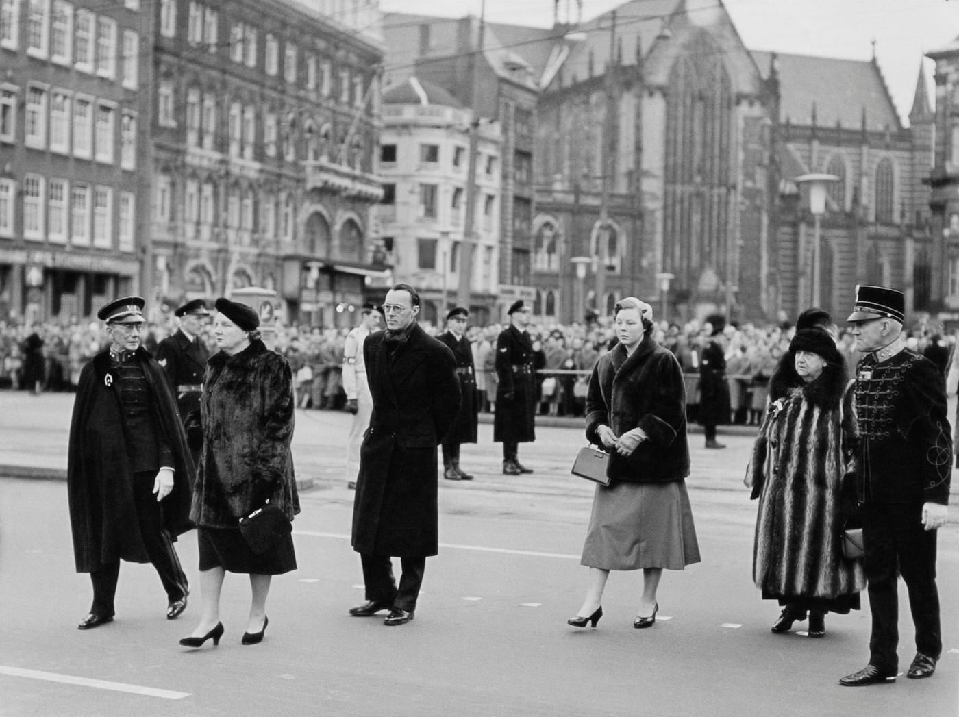 Dutch Royal Family at a ceremony in which Hungarian revolutionaries presented their flag to Queen Juliana, Amsterdam, 1956.