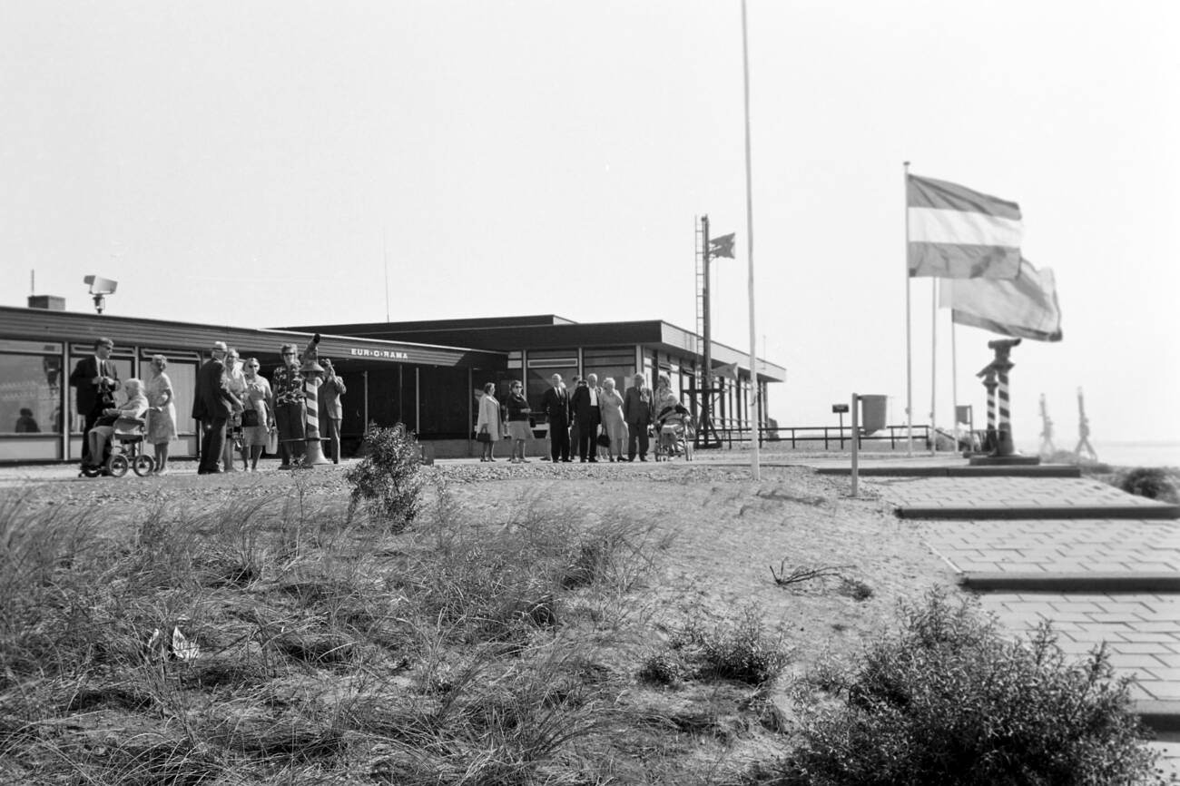 People in front of the Eur-o-Rama cafe at Hoek van Holland at Rotterdam port, The Netherlands in 1971.