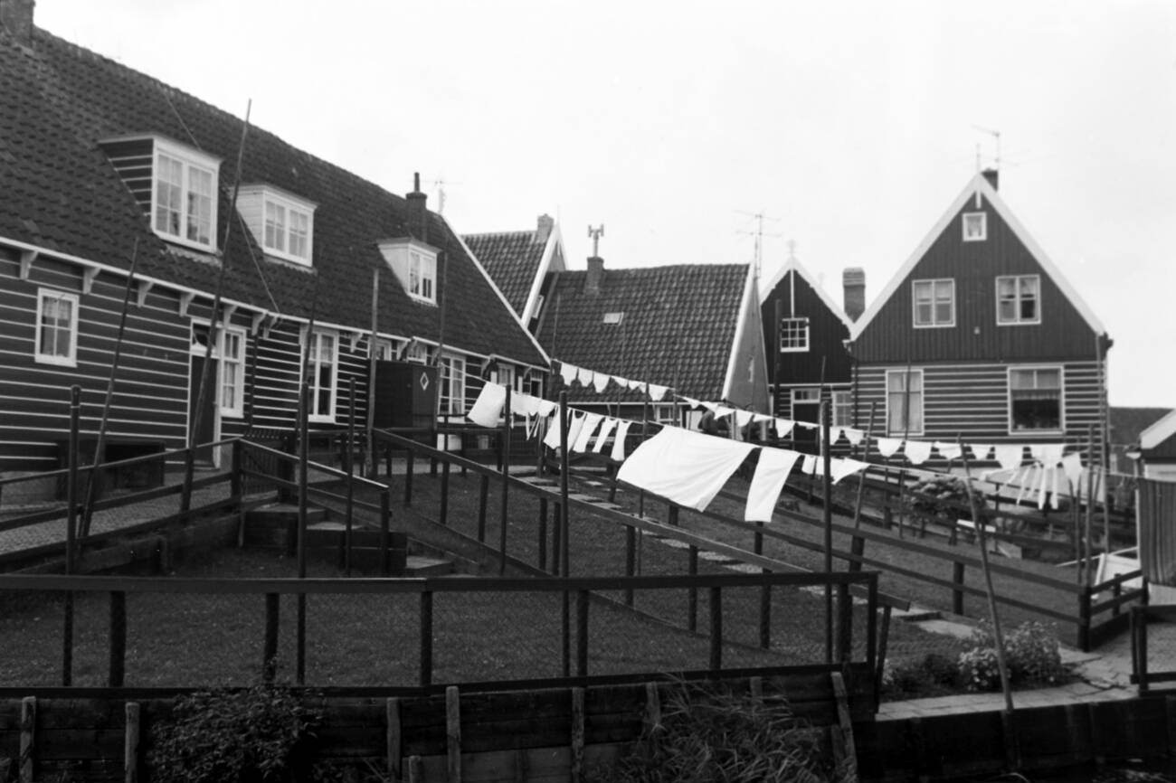Freshly washed laundry in a garden of a village on Marken island, The Netherlands in 1971