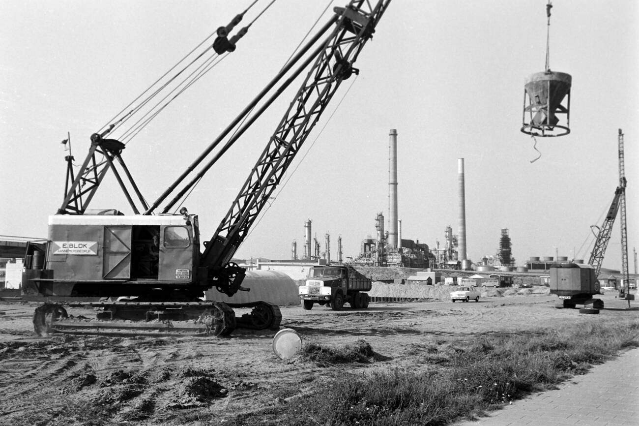 Dredgers helping with land reclamation by earth deposit near Rotterdam, The Netherlands in 1971