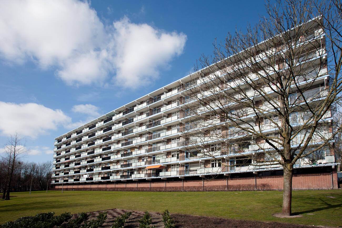 An apartment block from the 1970s in a green environment, with many apartments being used for social housing and the elderly.