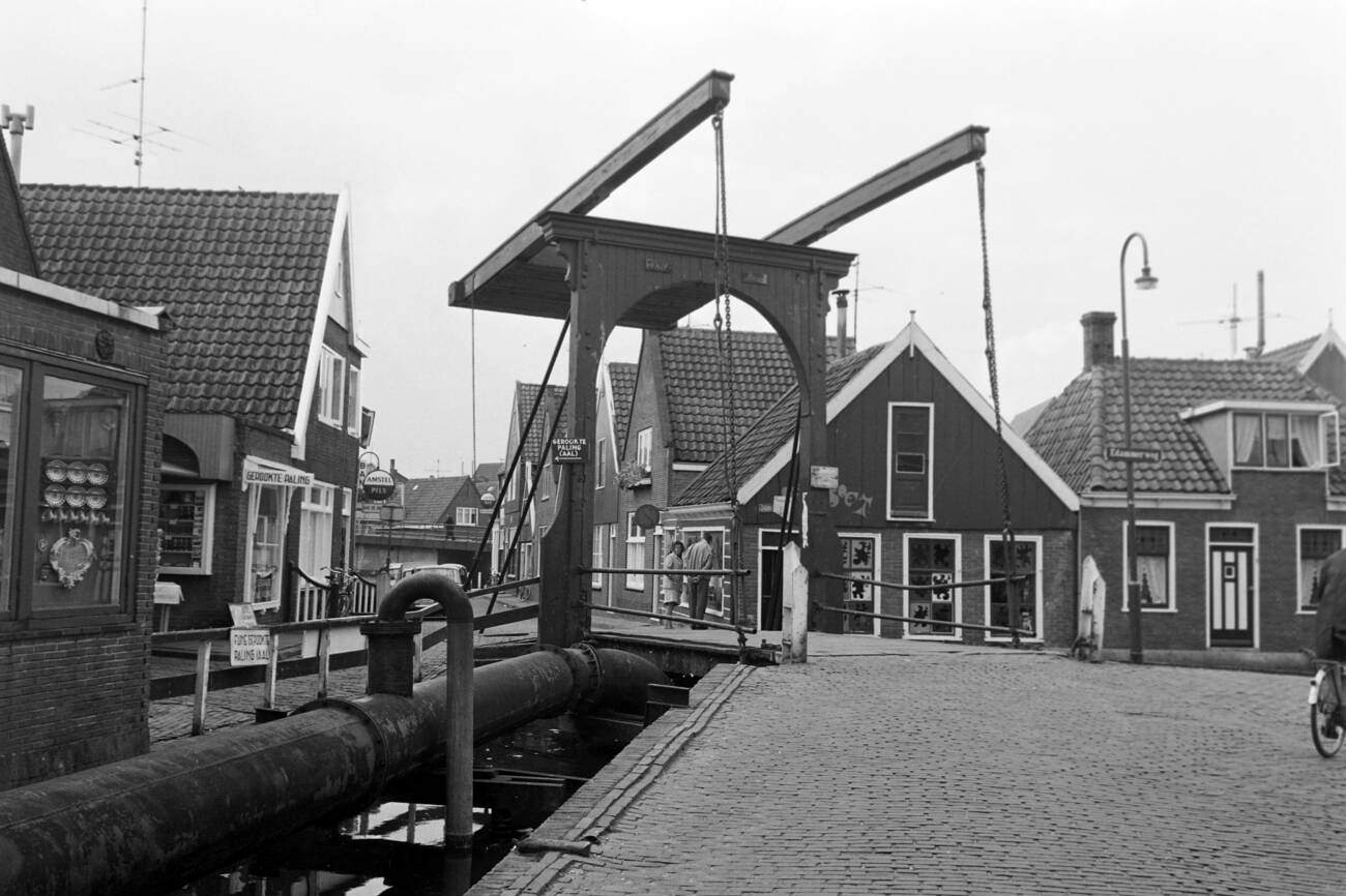 View to an old drawbridge at Volendam, The Netherlands: A charming view of an old drawbridge in Volendam in 1971.