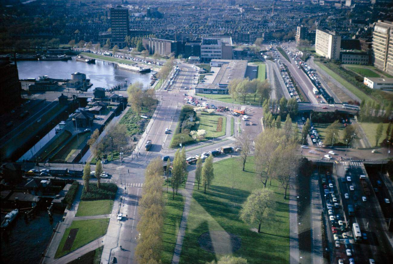 View over Delfshaven from Euromast, Rotterdam: A stunning aerial view of Delfshaven in Rotterdam, captured from the Euromast tower in 1971.