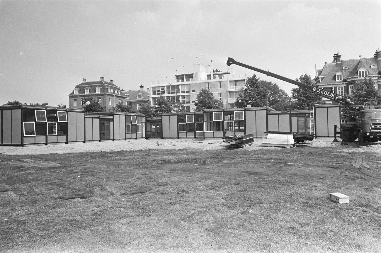 Emergency school being built on Museumplein in Amsterdam: An emergency school being built on Museumplein in Amsterdam around June 21, 1976.