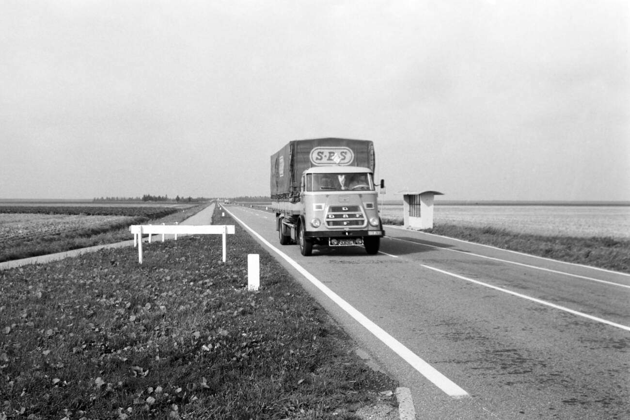 A truck on the road to Dronten in the Flevoland province of The Netherlands, in 1971.