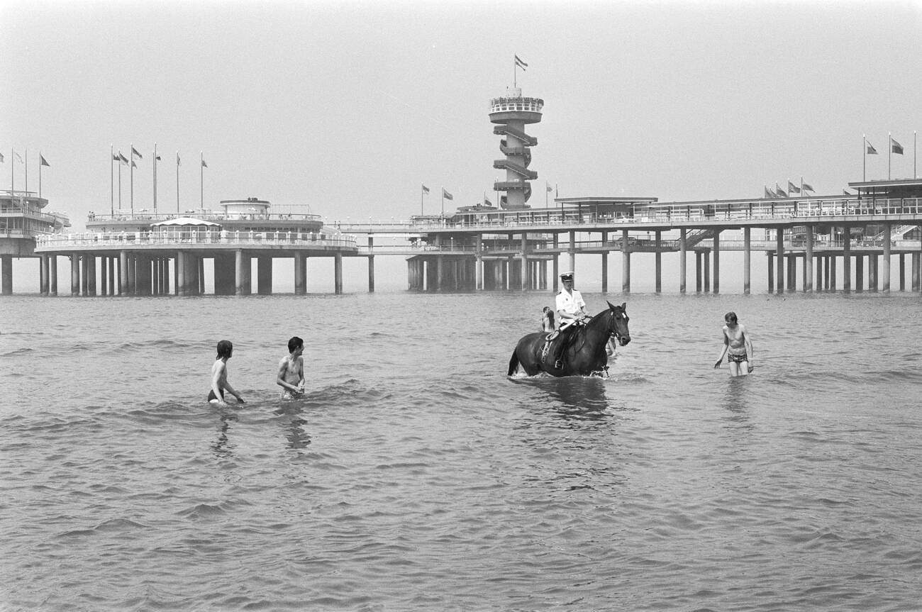 Police on horseback in the water retrieving people who are too far out to sea at Scheveningen beach in 1976.