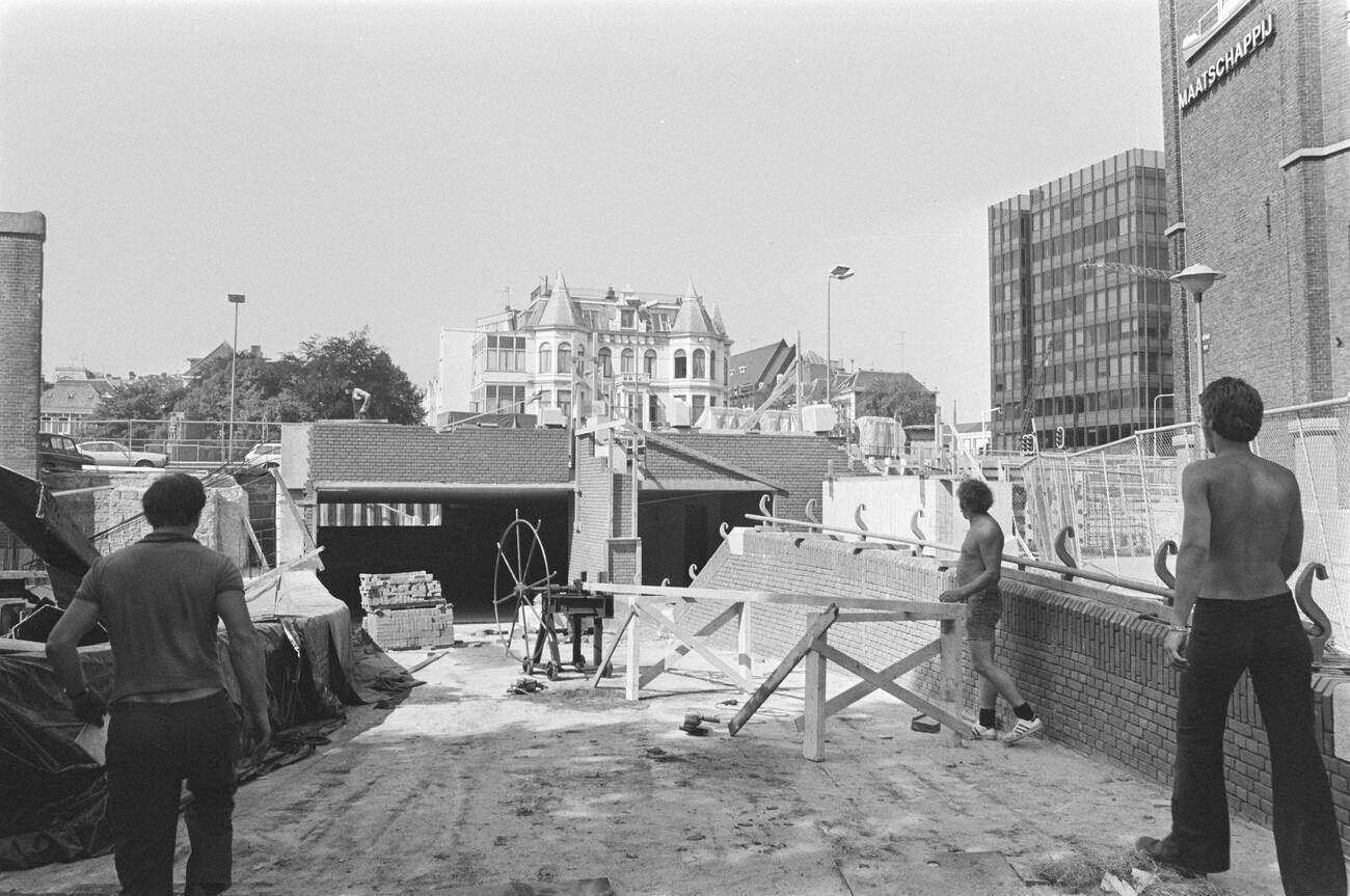 Entrance to Weesperplein station during the construction of the Amsterdam metro system on August 10, 1976.