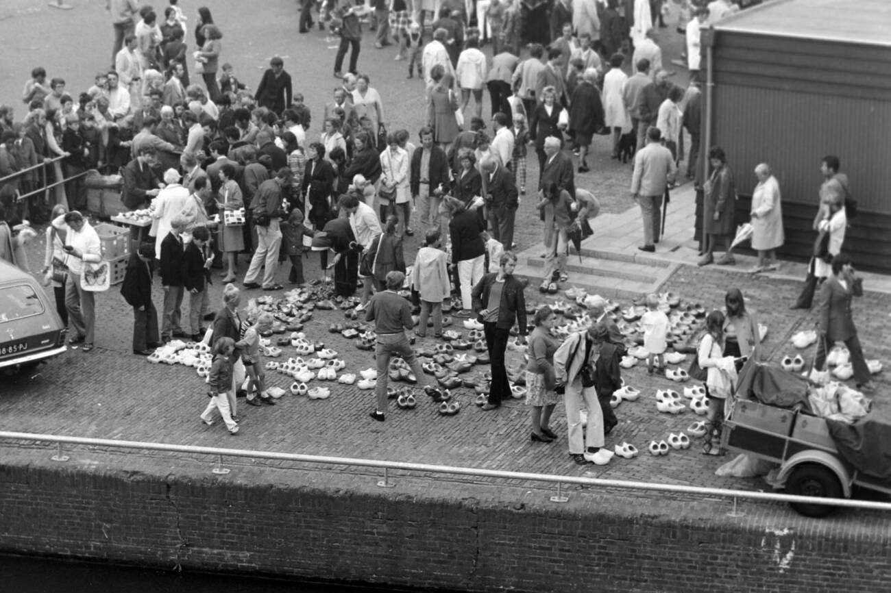 People at a traditional Klompen selling event in Alkmaar, The Netherlands in 1971.