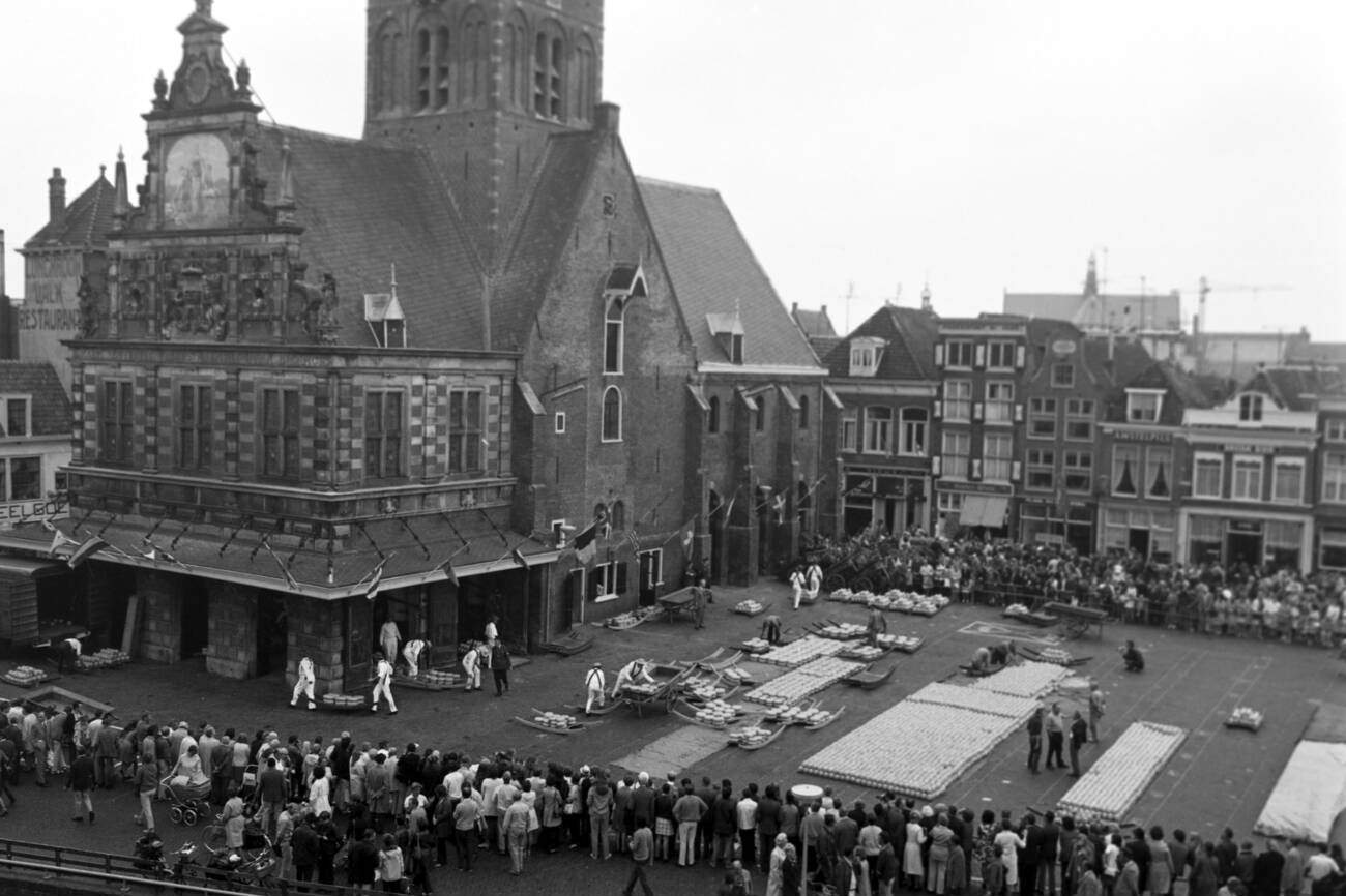 Members of a traditional Cheeseguild preparing for the market in Alkmaar, The Netherlands in 1971.