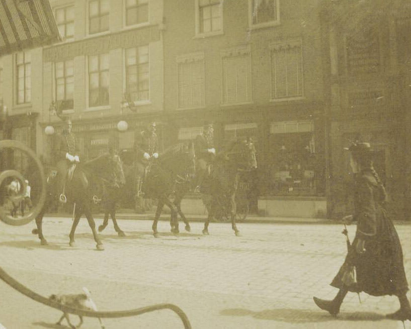 Three policemen on horseback on the street, Netherlands, 1905