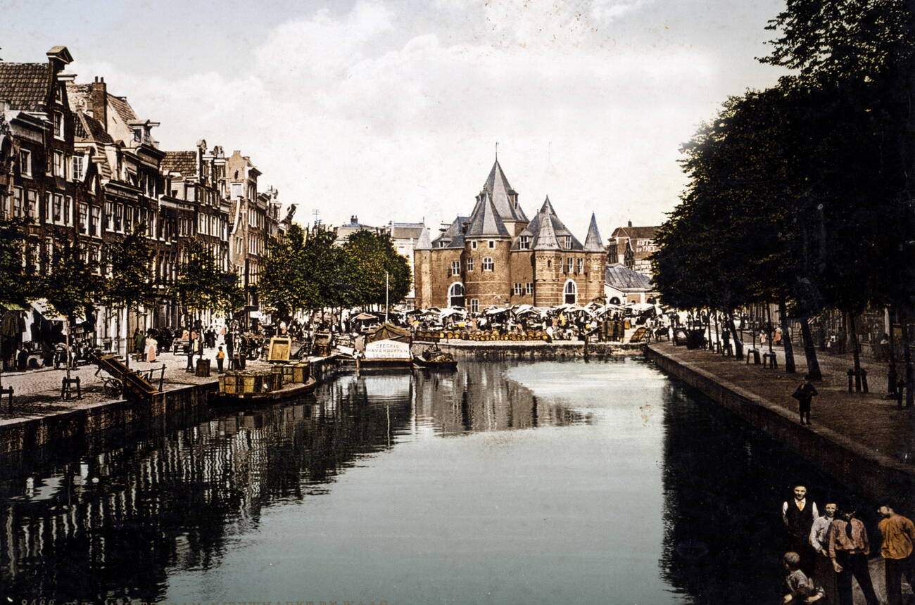 Nieuwmarkt (Dutch for 'New Market' or 'Newmarket') a square in the centre of Amsterdam, Netherlands, 1900